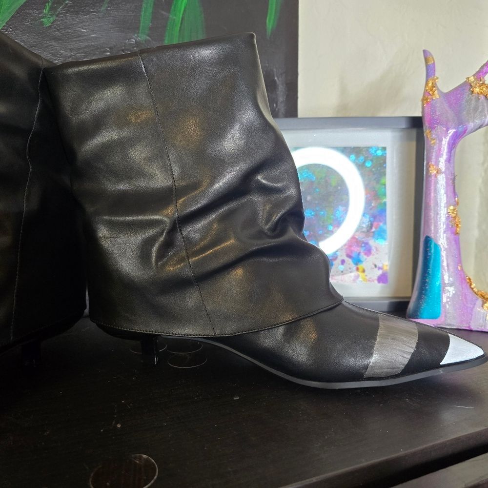 HANDCRAFTED Upcycled Abstract Ankle Boots HANDPAINTED Kitten Heel Slouch Booties - Picture 9 of 16